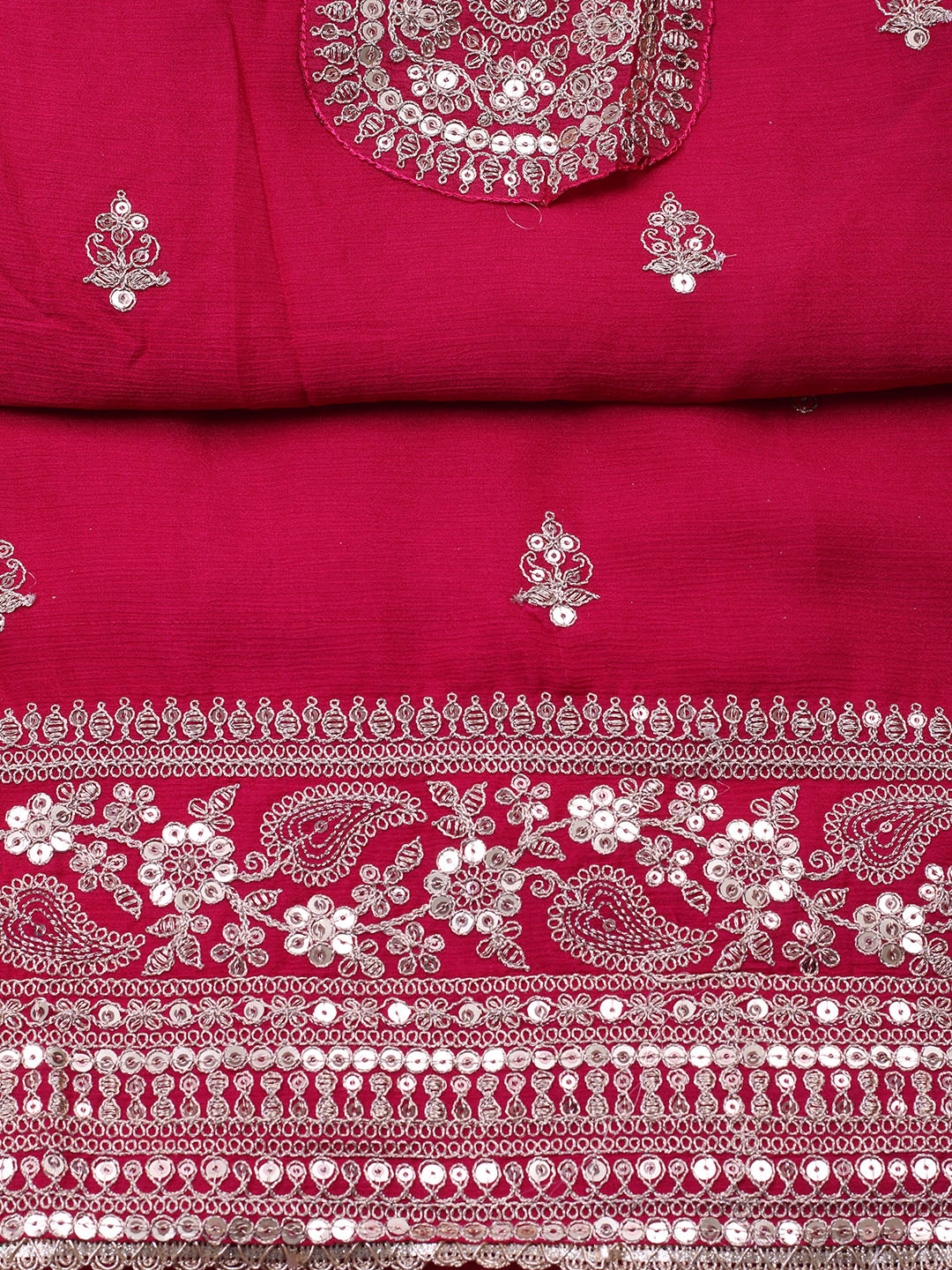 Embroidered Chinon Unstitched Suit With Pant &amp; Dupatta