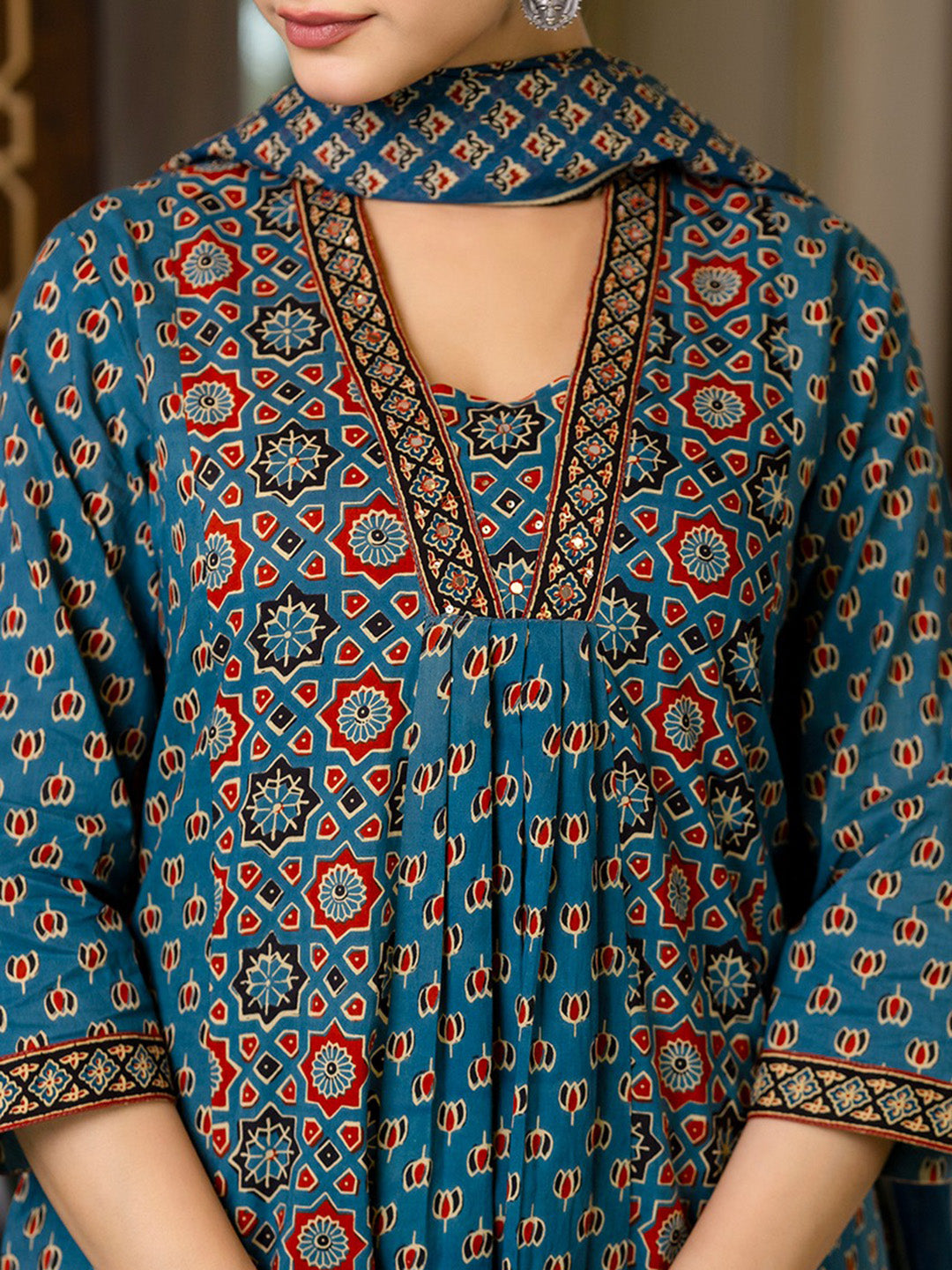 Printed Cotton Blend Kurta With Pants & Dupatta