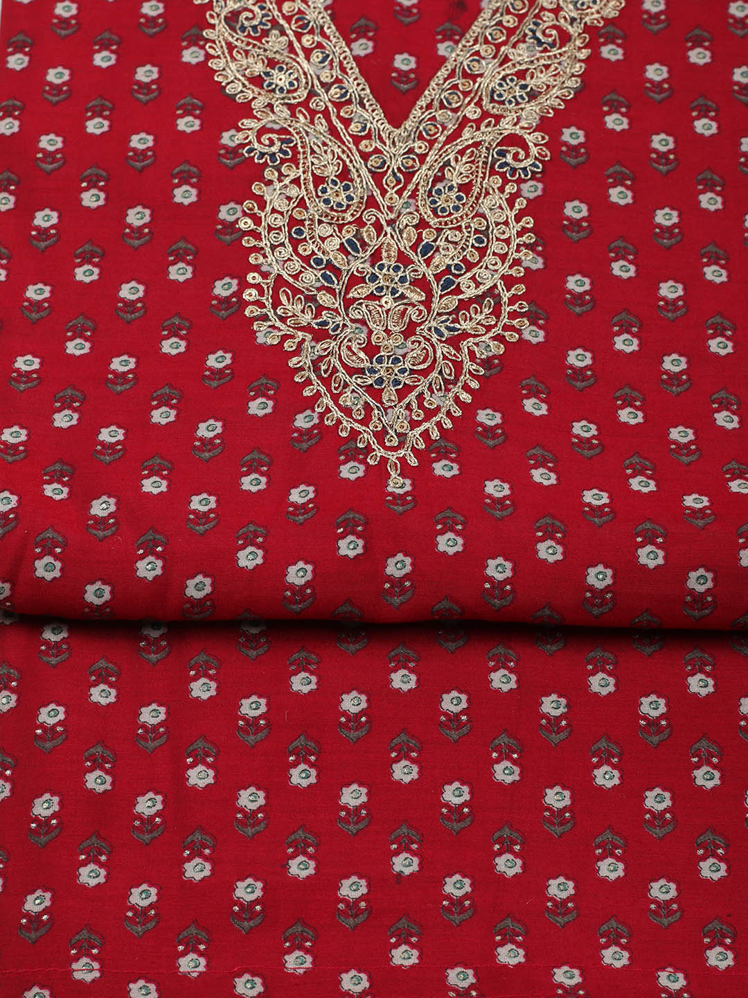 Embroidered Cotton Blend Unstitched Suit With Pant &amp; Dupatta