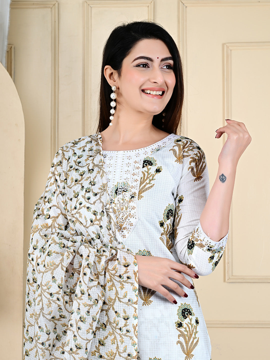 Printed Cotton Blend Kurta With Pants &amp; Dupatta