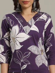 Floral Printed Cotton Blend Kurta With Pants & Dupatta
