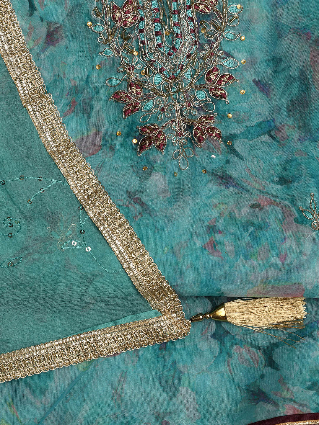 Neck Embroidered Organza Unstitched Suit With Dupatta