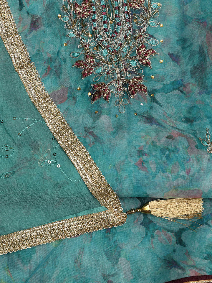 Neck Embroidered Organza Unstitched Suit With Dupatta