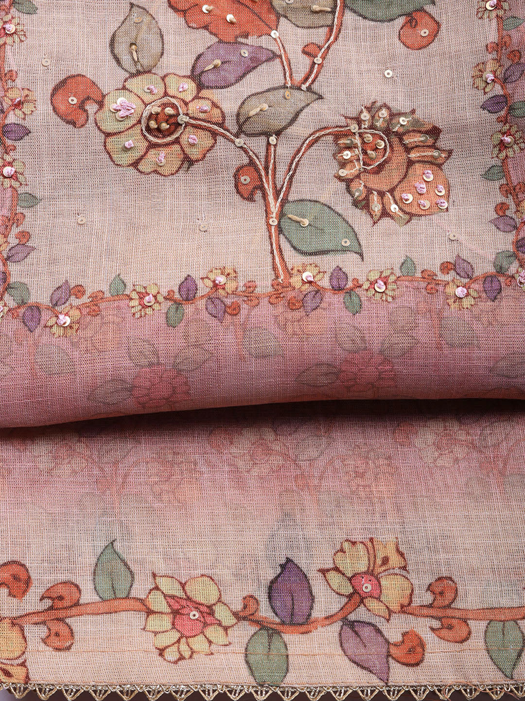 Printed Linen Blend Unstitched Suit With Pant &amp; Dupatta