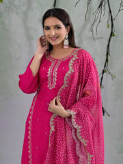 Neck Embroidery Cotton Blend Kurta With Pants & Dupatta