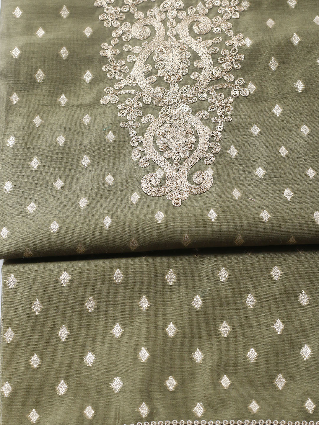 Embroidered Chanderi Unstitched Suit With Pant &amp; Dupatta