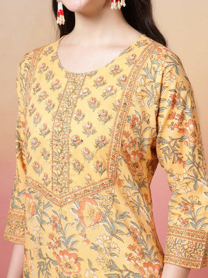 Embroidered Cotton Kurta With Pant &amp; Dupatta