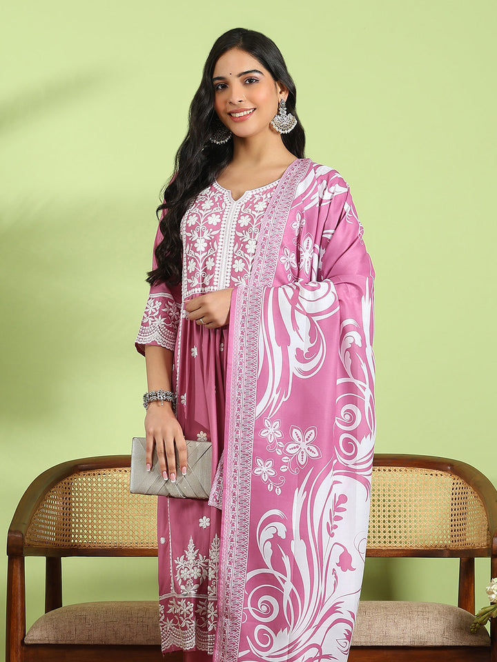 Embroidered Cotton Kurta With Pant &amp; Dupatta