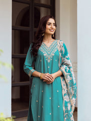 Neck Embroidery Cotton Blend Kurta With Pants & Dupatta