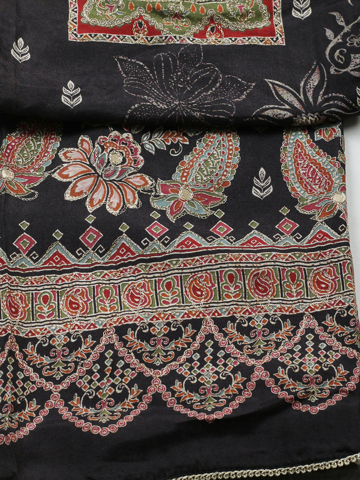 Embroidered Muslin Unstitched Suit With Pant Dupatta