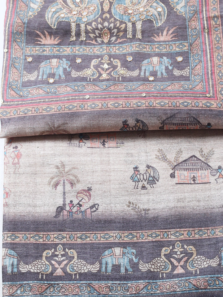 Embroidered Chanderi Unstitched Suit With Pant &amp; Dupatta