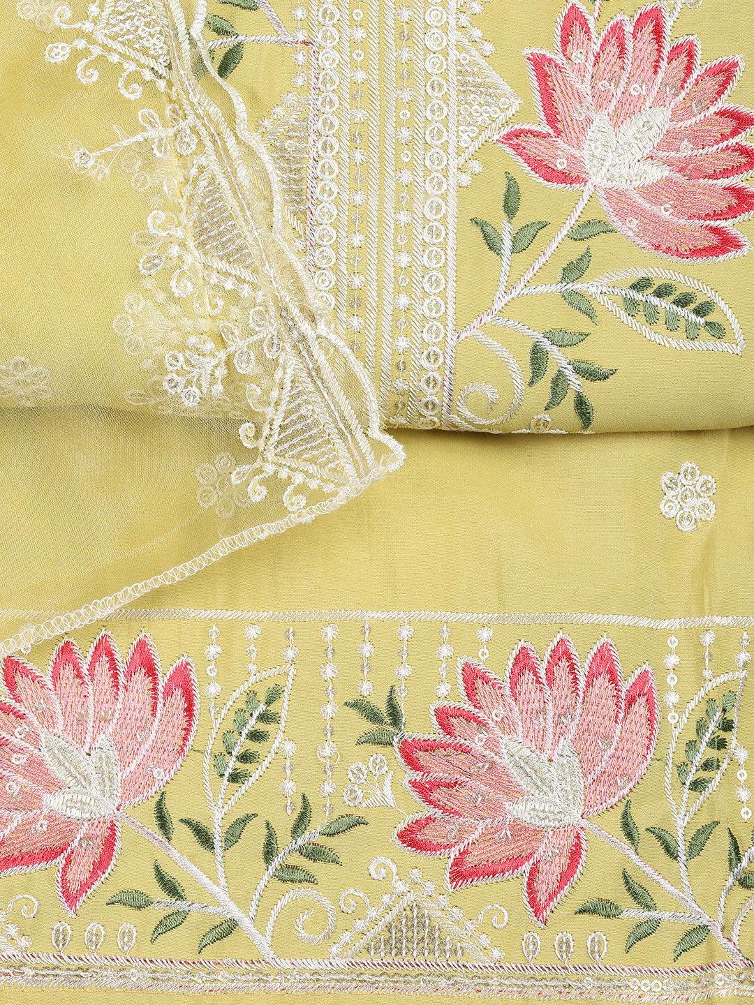Neck Embroidered Chanderi Unstitched Suit With Dupatta