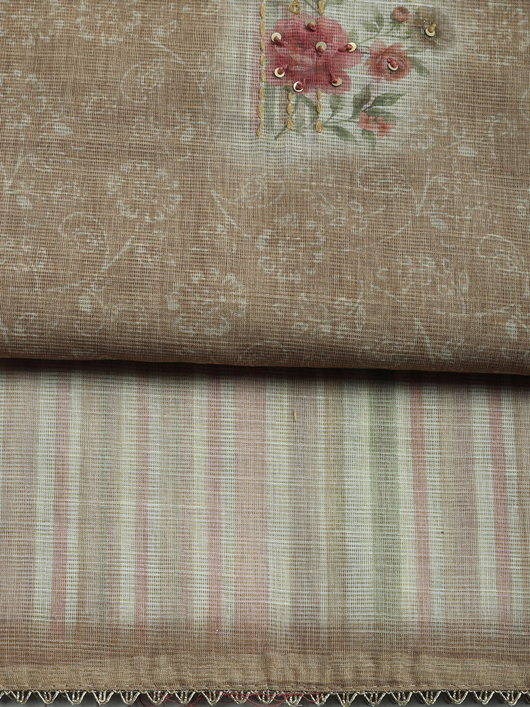 Printed Linen Blend Unstitched Suit With Pant &amp; Dupatta