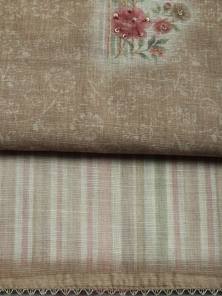 Printed Linen Blend Unstitched Suit With Pant &amp; Dupatta