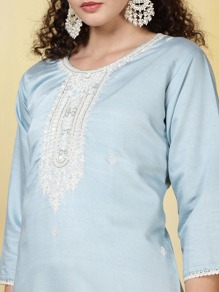 Neck Embroidered Cotton Blend Kurta With Pants &amp; Dupatta