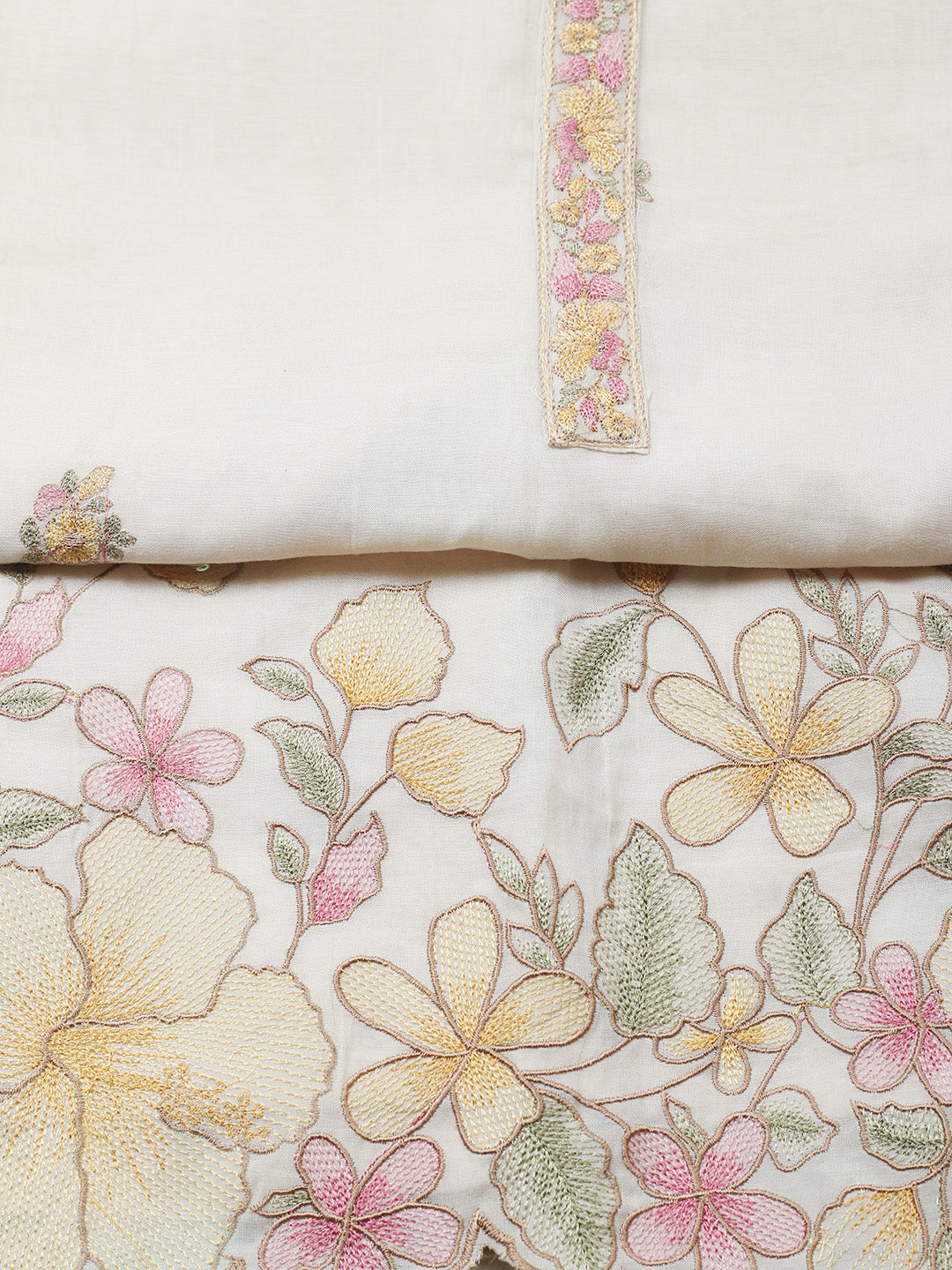 Embroidered Chanderi Unstitched Suit With Pant &amp; Dupatta