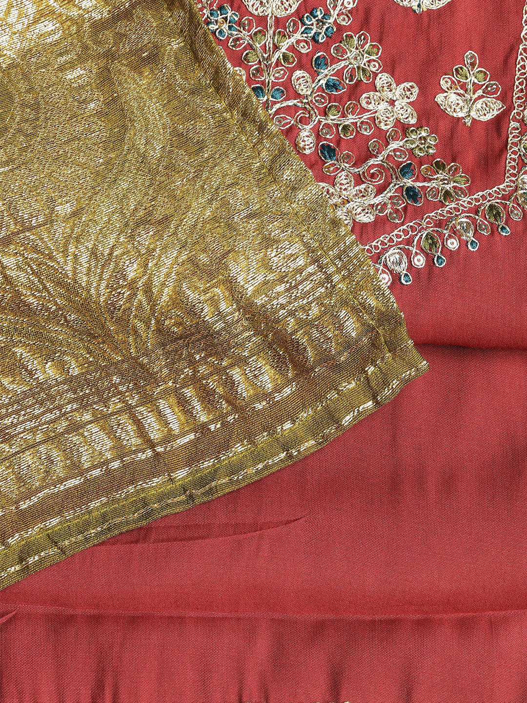 Neck Embroidered Chanderi Unstitched Suit With Dupatta