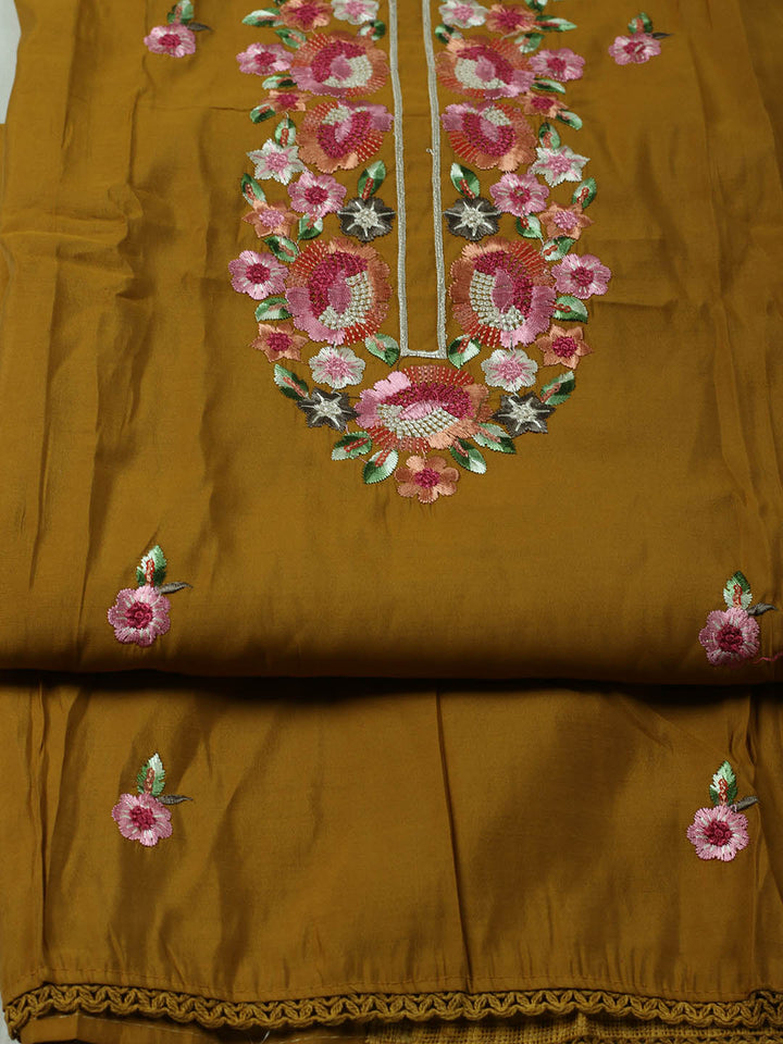 Embroidered Chanderi Unstitched Suit With Pant &amp; Dupatta