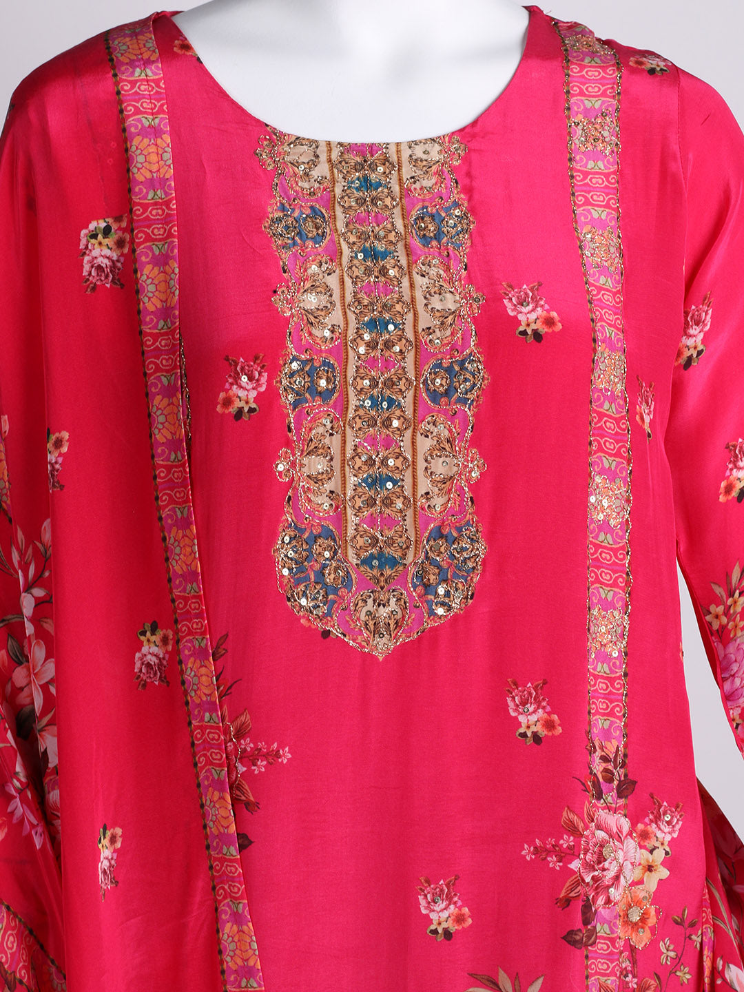 Printed With Embroidered Crepe Kurta With Pant &amp; Dupatta