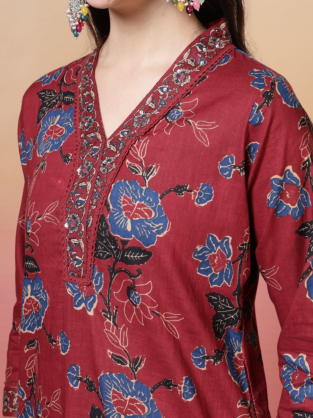 Embroidered Cotton Kurta With Pant &amp; Dupatta