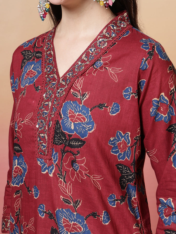 Embroidered Cotton Kurta With Pant &amp; Dupatta