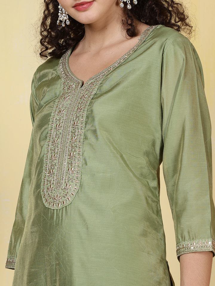 Neck Zari Embroidered Chanderi Kurta With Pants &amp; Dupatta