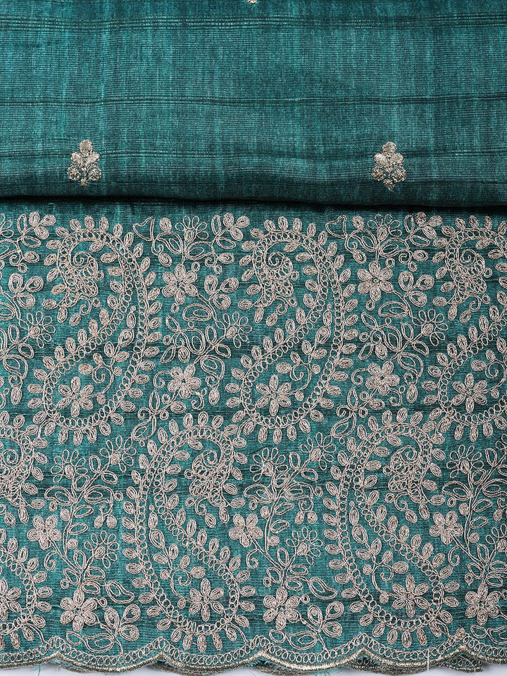 Embroidered Tussar Silk Unstitched Suit With Pant &amp; Dupatta
