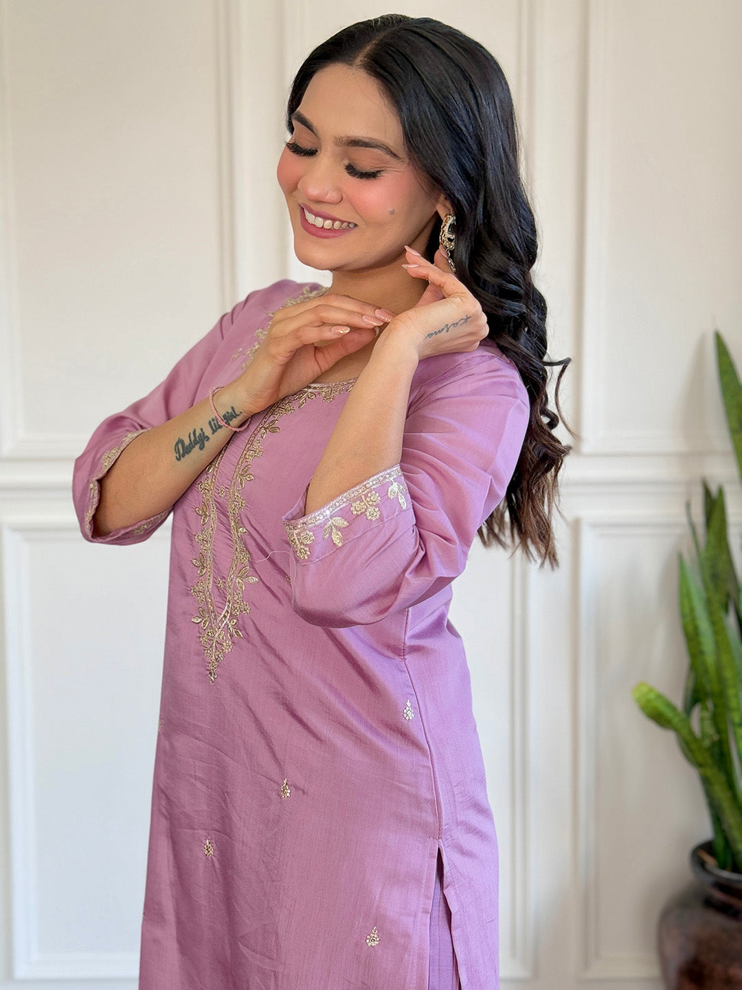 Neck Embroidery Cotton Blend Kurta With Pants &amp; Dupatta