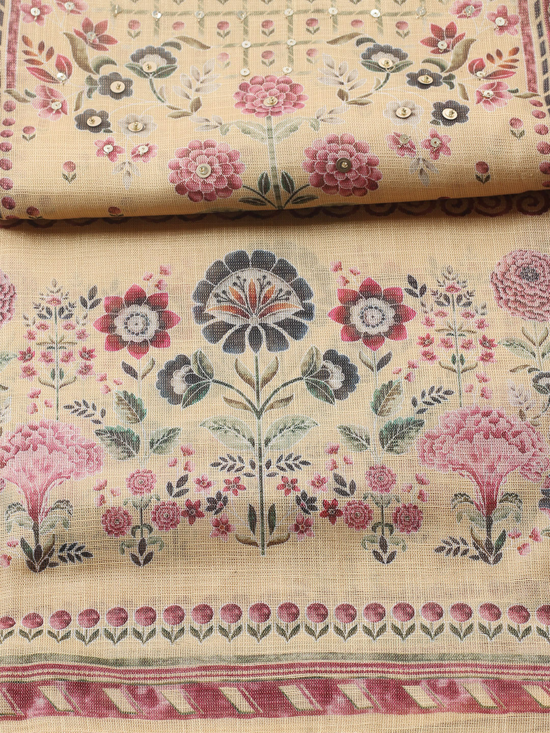 Printed Linen Blend Unstitched Suit With Pant &amp; Dupatta