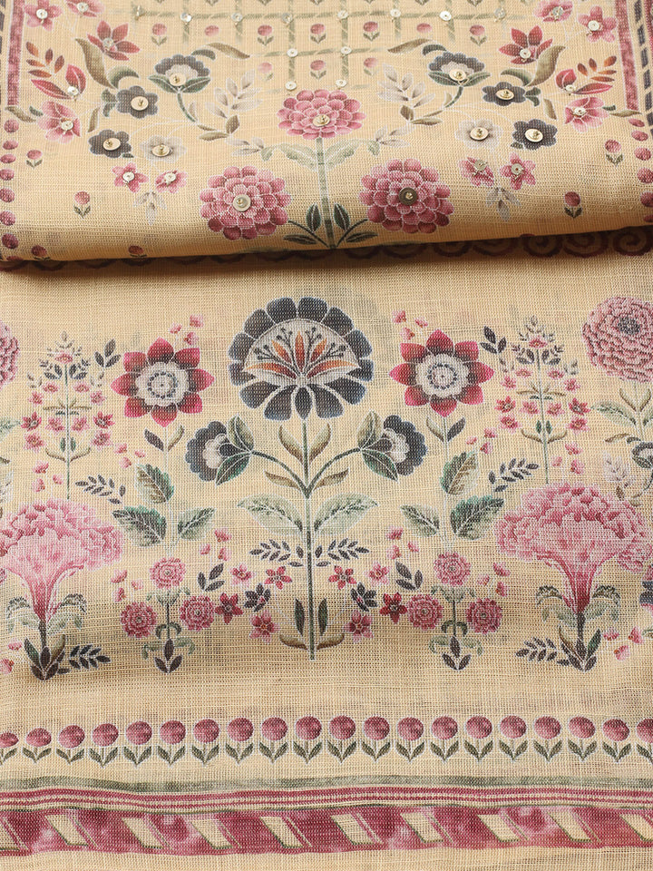 Printed Linen Blend Unstitched Suit With Pant &amp; Dupatta