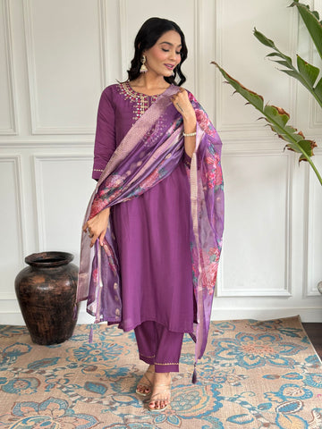 Neck Embroidered Chanderi Kurta With Pants & Dupatta