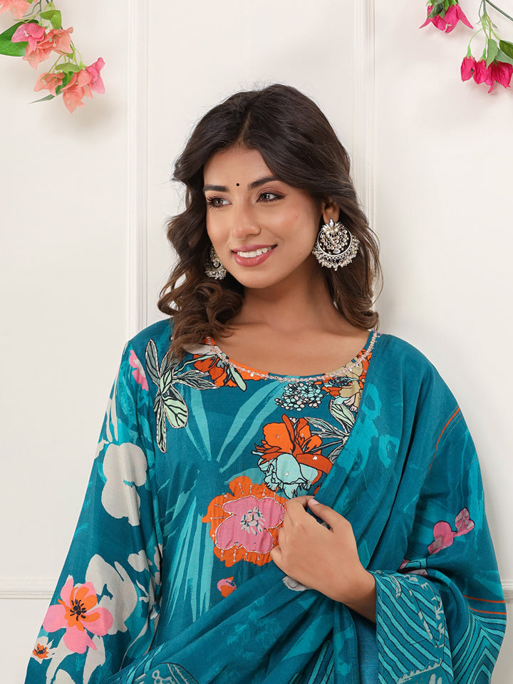 Blue Digital Printed Muslin Straight Suit Set With Dupatta