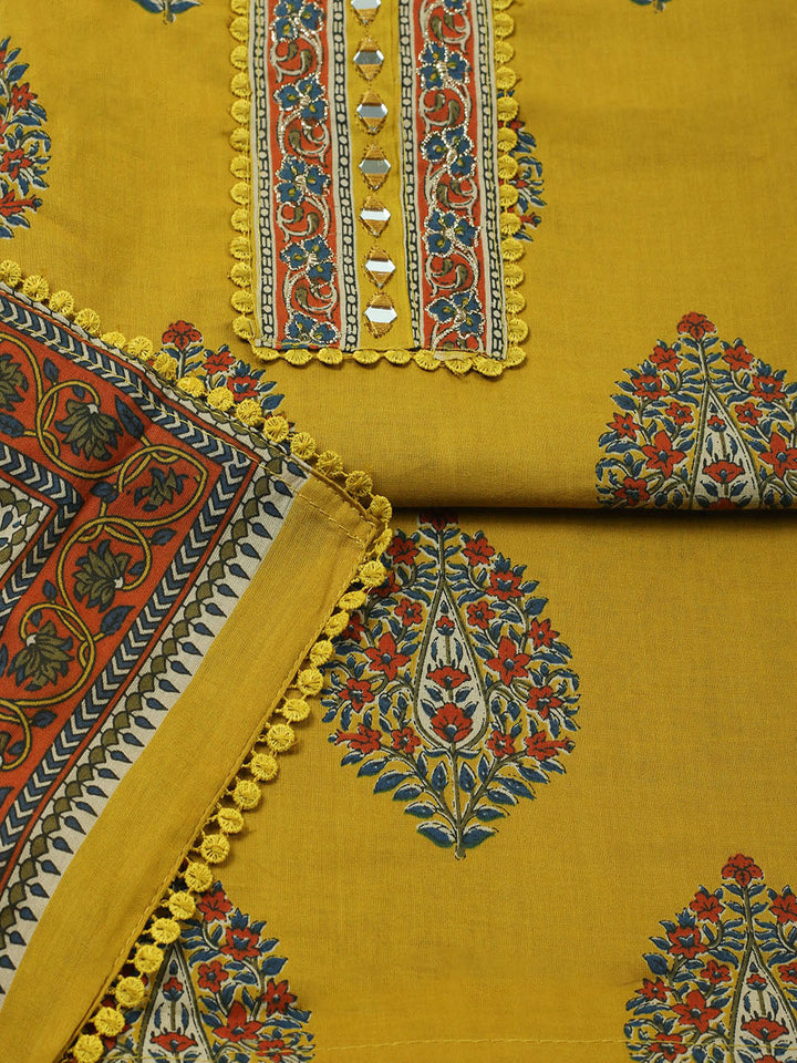 Embroidered Cotton Unstitched Suit With Pant &amp; Dupatta