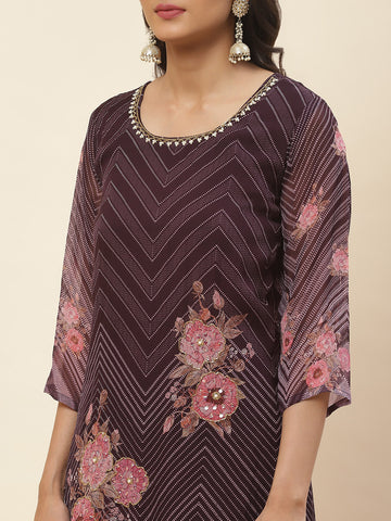 Floral Printed Georgette Kurta With Pants & Dupatta