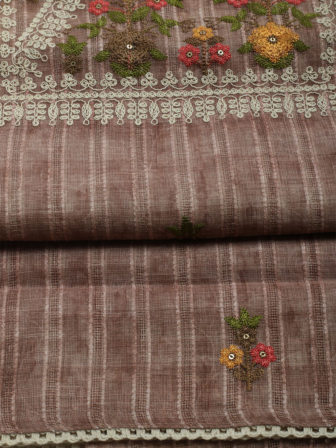Embroidered Linen Unstitched Kurta With Pant & Dupatta