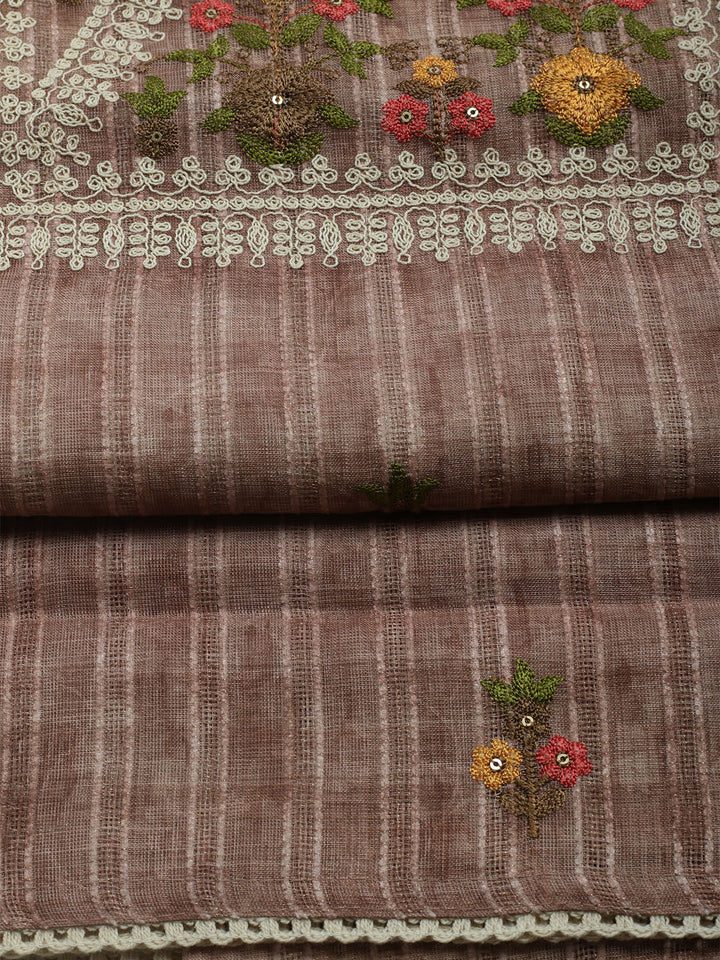 Embroidered Linen Unstitched Kurta With Pant &amp; Dupatta