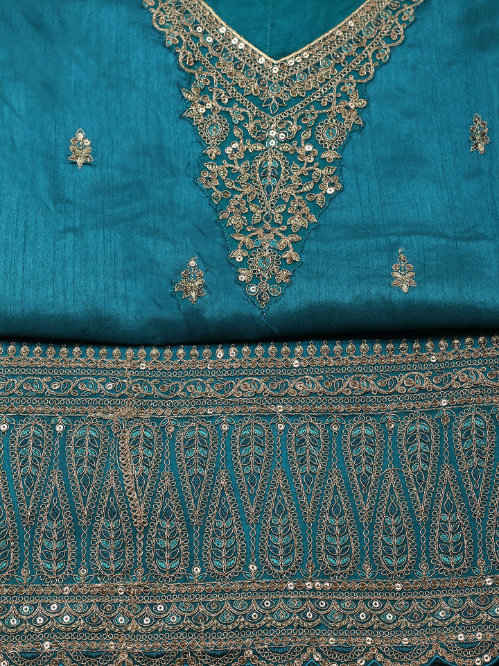 Embroidered Art Silk Unstitched Suit With Pant &amp; Dupatta
