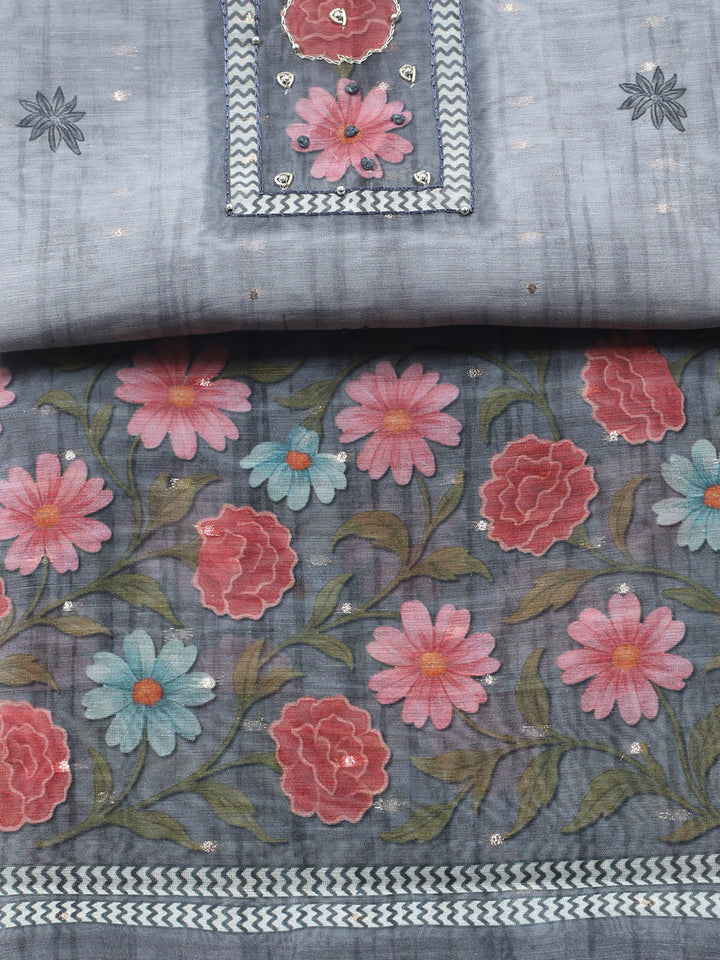 Embroidered Cotton Blend Unstitched Suit With Pant &amp; Dupatta