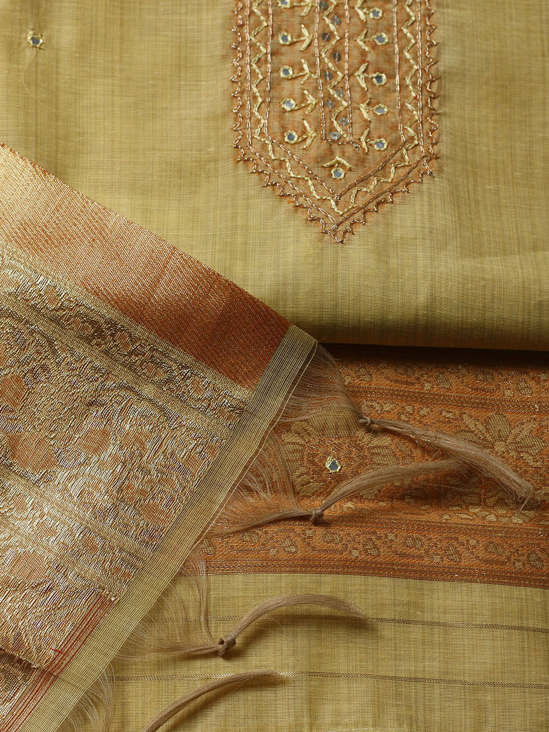Embroidered Chanderi Unstitched Suit With Pant &amp; Dupatta