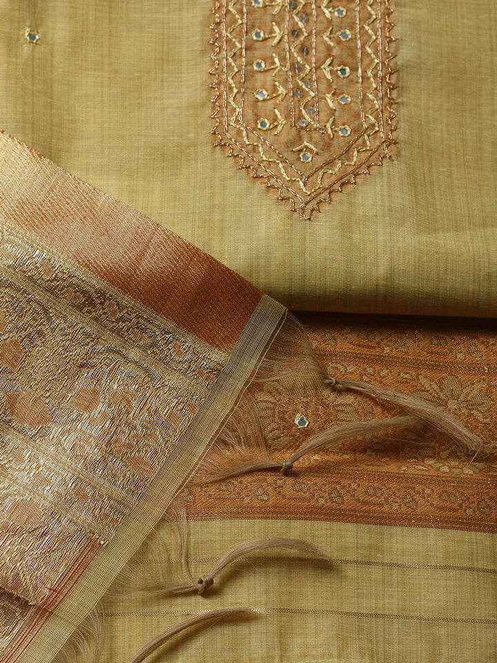 Embroidered Chanderi Unstitched Suit With Pant &amp; Dupatta