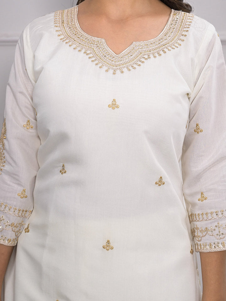Neck Embroidery Cotton Blend Kurta With Pants &amp; Dupatta