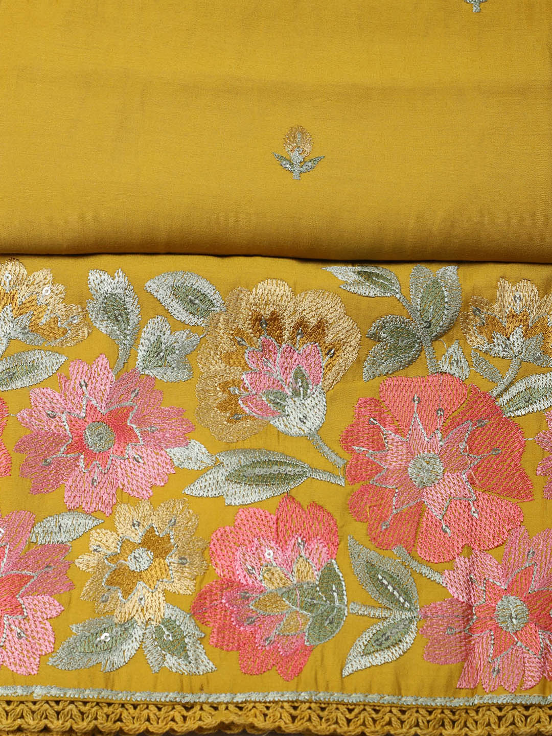 Embroidered Chanderi Unstitched Suit With Pant &amp; Dupatta