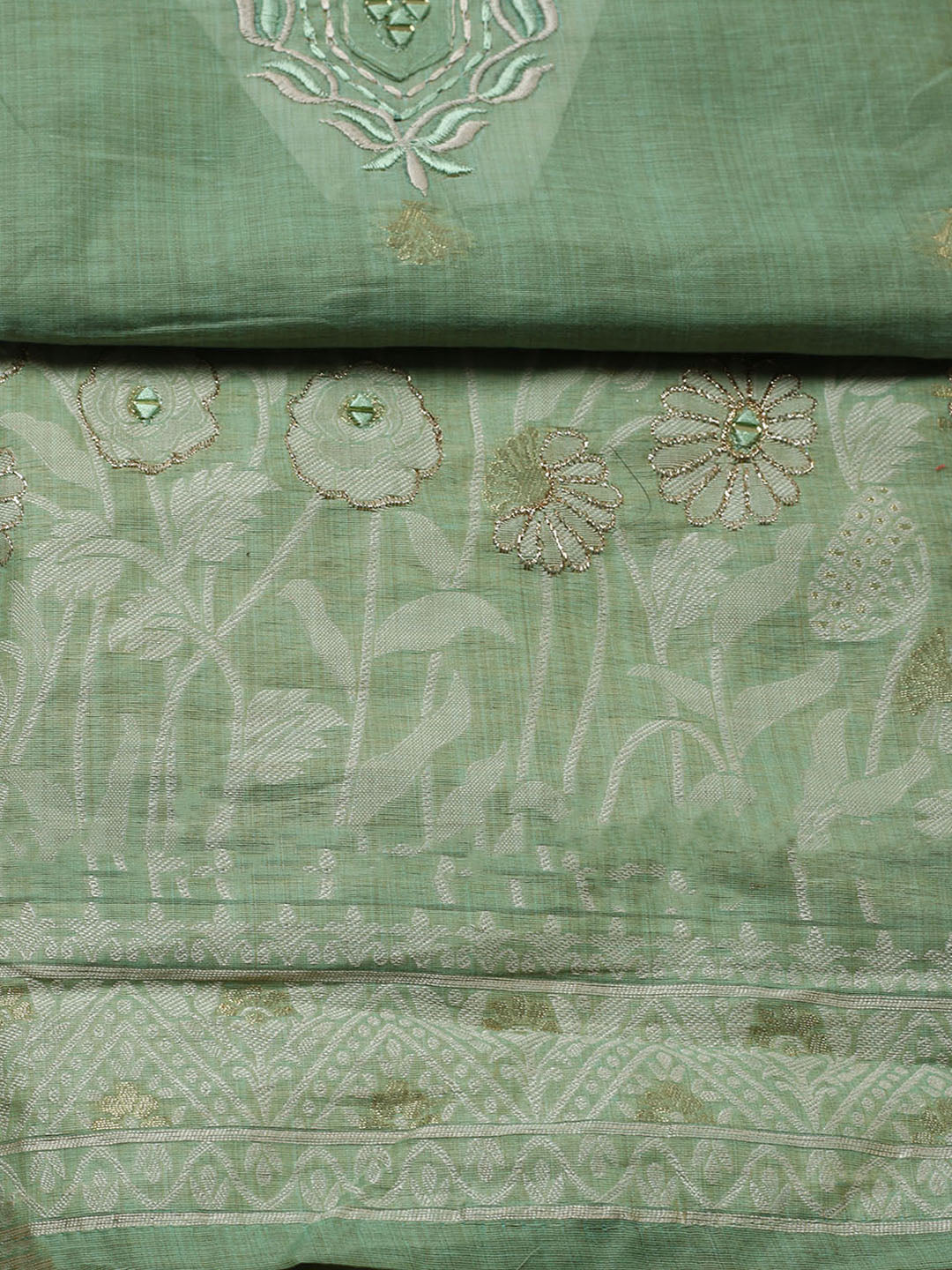 Embroidered Cotton Blend Unstitched Suit With Pant &amp; Dupatta