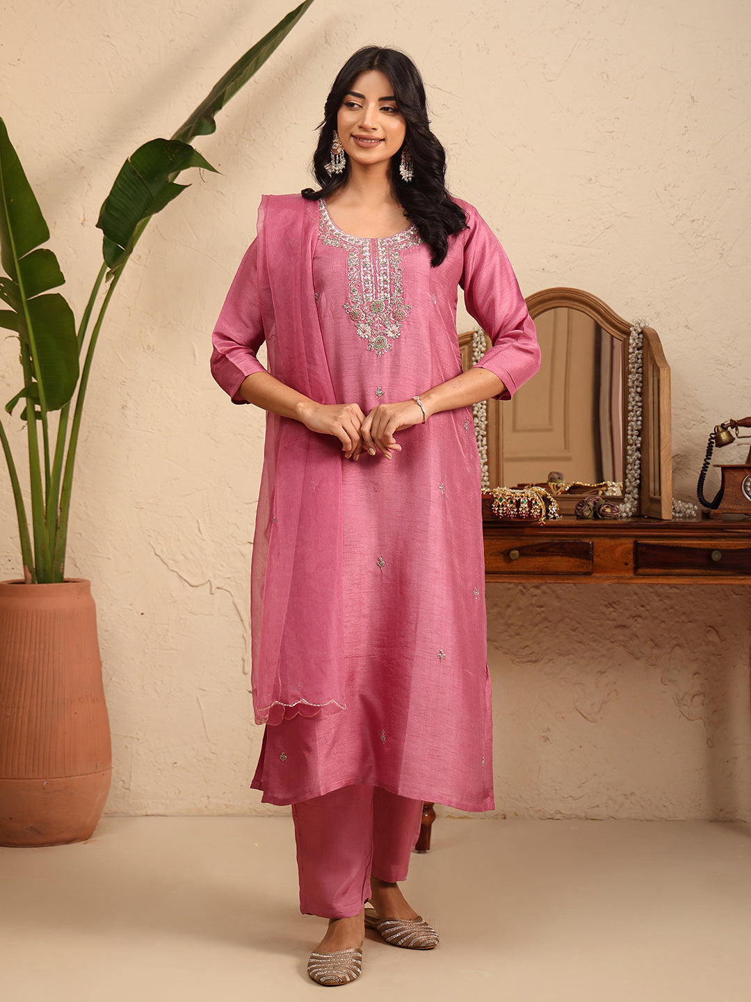 Embroidered Cotton Kurta With Pant &amp; Dupatta