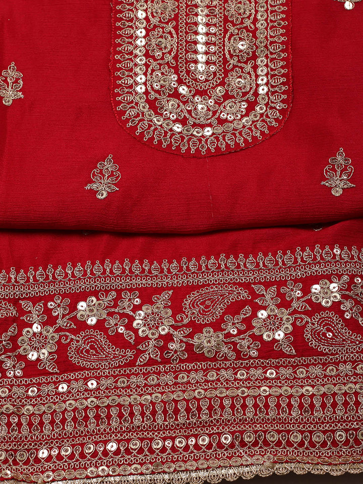 Embroidered Chinon Red Unstitched Suit With Pant &amp; Dupatta