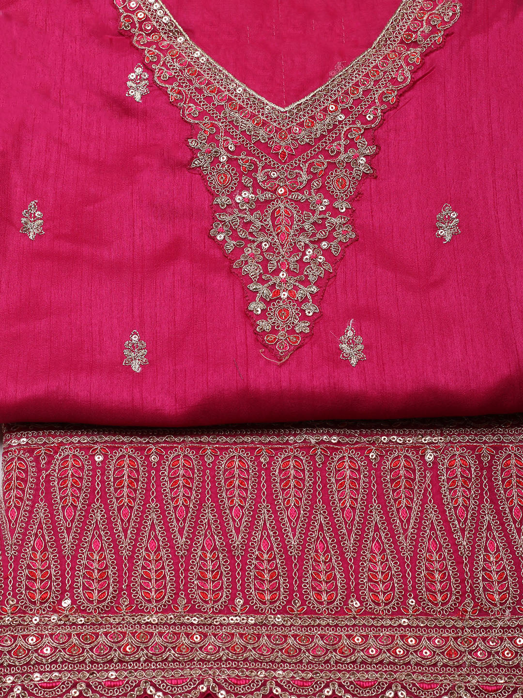 Embroidered Art Silk Unstitched Suit With Pant &amp; Dupatta
