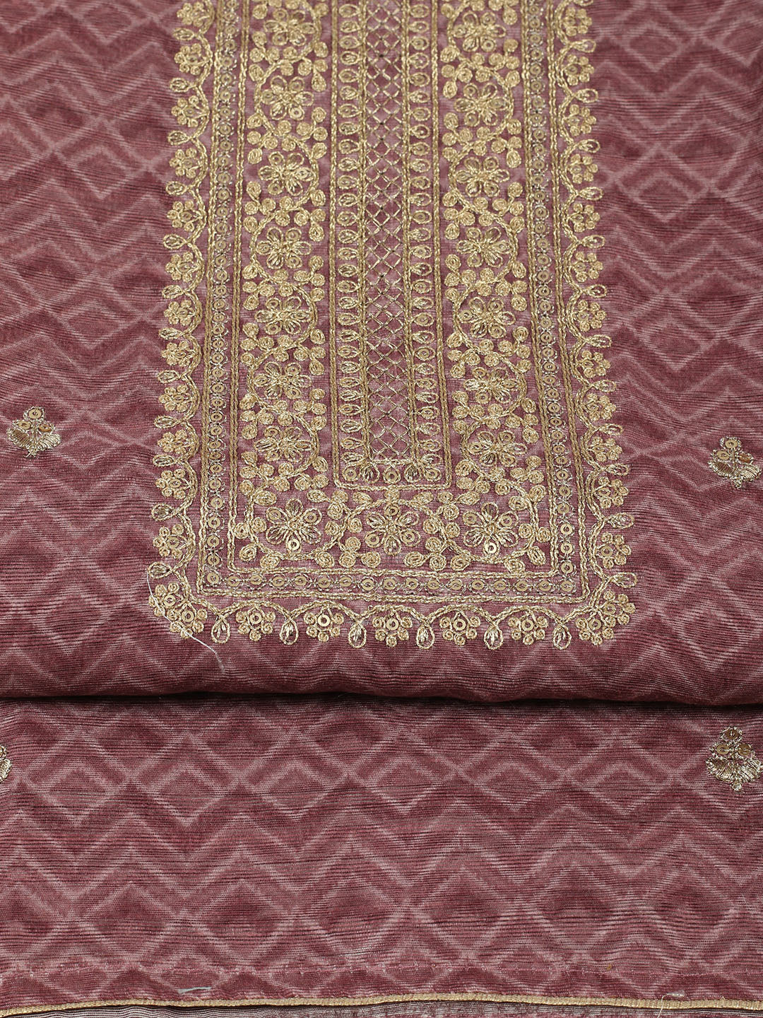 Embroidered Chanderi Unstitched Suit With Pant &amp; Dupatta