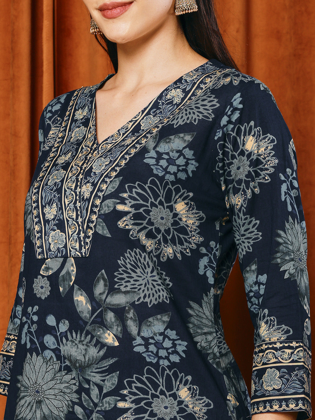 Printed Cotton Blend Kurta With Pants & Dupatta