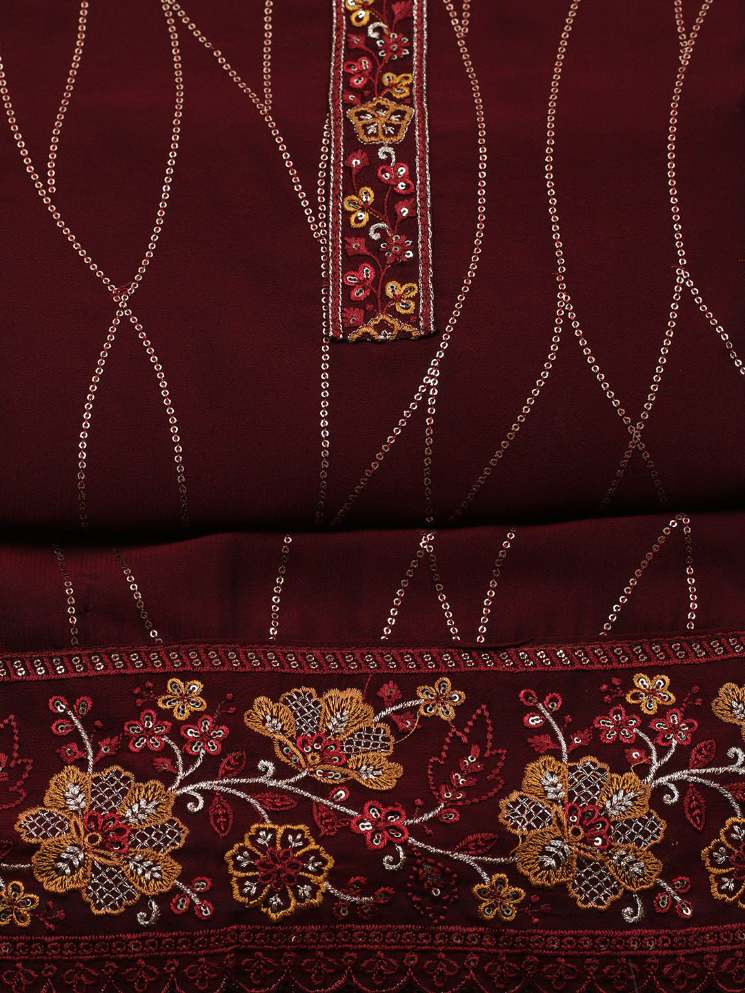 Embroidered Georgette Unstitched Suit With Pant &amp; Dupatta