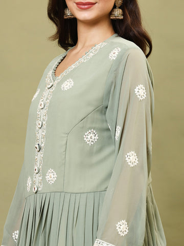 Resham Embroidered Georgette Kurta With Palazzo And Dupatta